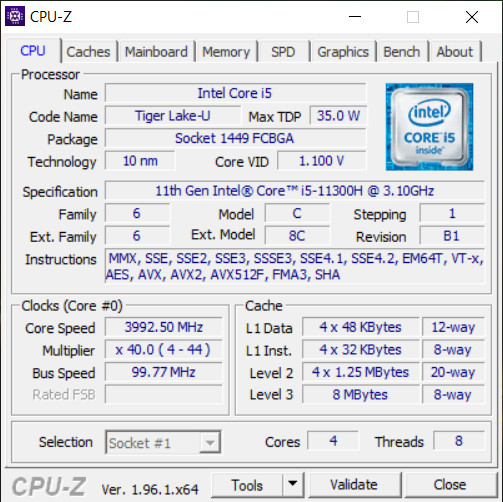Acer Swift 3 (SF316-51) – CPU-Z – specyfikacja Intel Core i5-11300H 