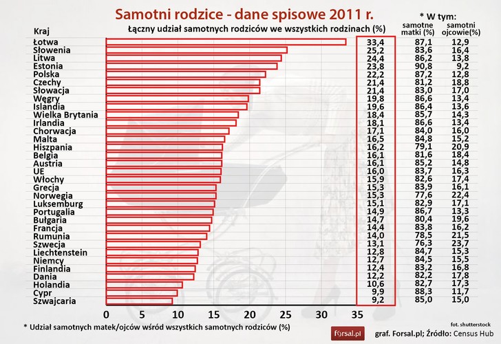 W roku 2011 w UE, 16 proc. rodzin stanowili samotni rodzice. Wśród nich 83,7 proc. to samotne matki. Samotni ojcowie w UE byli w mniejszości (16,3 proc.) i tak było we wszystkich państwach członkowskich. <br>
Największa różnica w liczbie samotnych matek i ojców widoczna była w Estonii, gdzie aż 90,8 proc. samotnych rodziców to kobiety. Wysoki odsetek samotnych mam odnotowano też na Cyprze (88,3 proc.). W Polsce proporcja samotnych matek do samotnych ojców wynosiła 87,2 proc. do 12,8 proc.