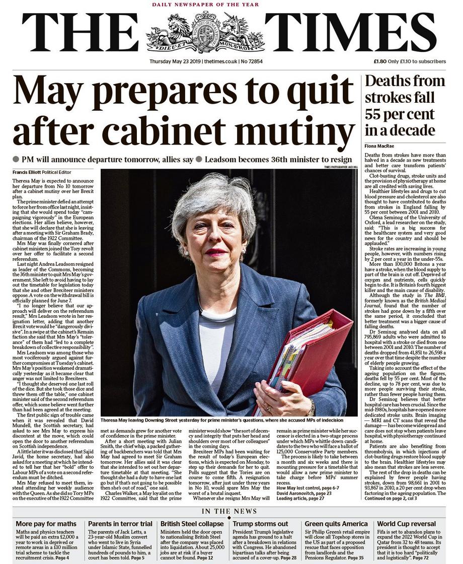Pierwsza strona „The Times” z 23 maja 2019 r.