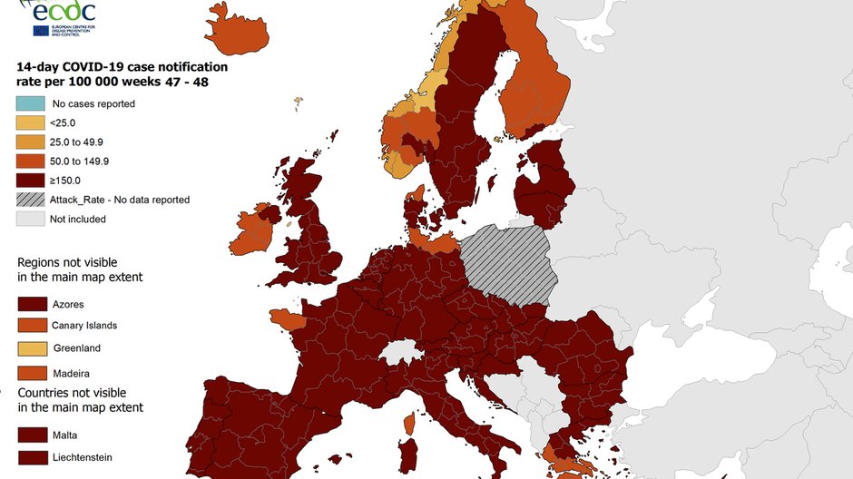 Polska – brak danych na mapie przygotowanej przez Europejskie Centrum ds. Zapobiegania i Kontroli Chorób