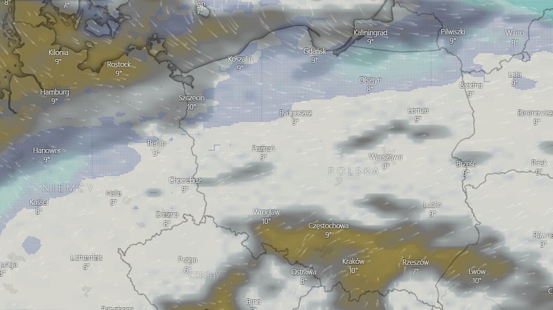 Chmury nad Polską w niedzielę, 21 listopada