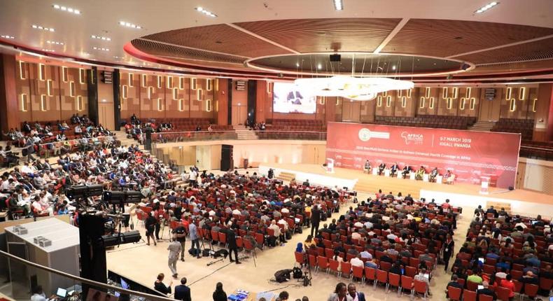 An aerial view of attendees of the Africa Health Agenda International Conference 2019 (Africa Health 2019) in Kigali, Rwanda