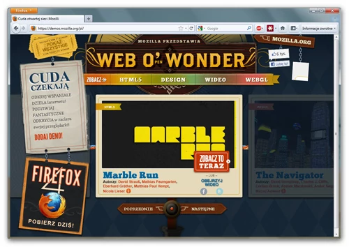 Przykłady zastosowań HTML 5 znajdziemy na stronie demos.mozilla.org/pl Wystarczy wybrać jedno z kilkunastu dostępnych prezentacji