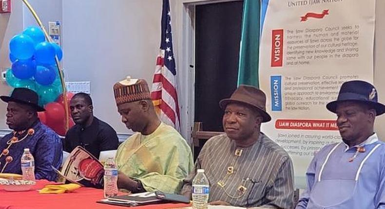 (From left) Sen. Douye Diri, Governor of Bayelsa State, Amb Tijjani Mohammed-Bande, Nigeria Permanent Representative to UN, Col. Milland Dixon Dikio (Rtd.), Administrator, Presidential Amnesty Programme (PAP) and Amb. Benaoyagha Okoyen, Nigerian Ambassador to Cuba at the 2022 Ijaw Diaspora Convention at Newark, New Jersey State in the U.S.