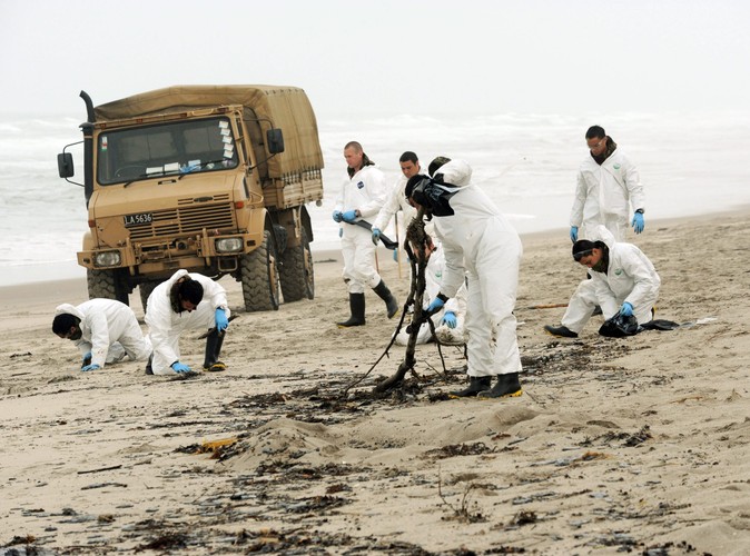Żołnierze czyszczą plażę z ropy, która wypłynęła ze statku Rena