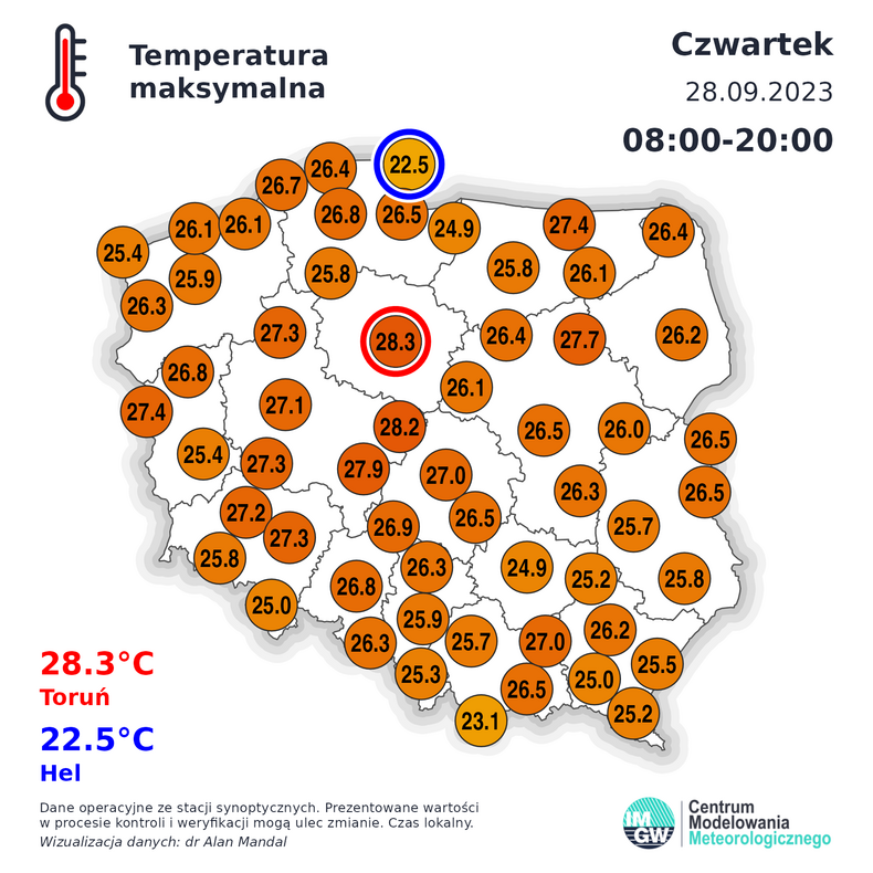 Maksymalne temperatury w Polsce w czwartek. W Toruniu było ponad 28 st. C