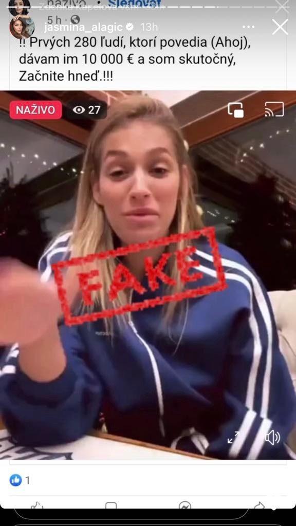 Jasmina upozorňuje na podvodnú súťaž, na ktorú zneužívajú jej meno a tvár.