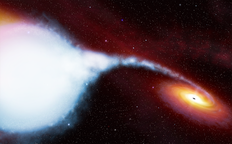 Gwiazda HDE 226868 w towarzystwie czarnej dziury Cygnus X-1 w formie artystycznej wizualizacji 
