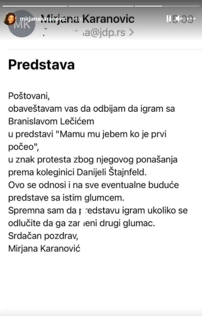 Objava Mirjane Karanović 