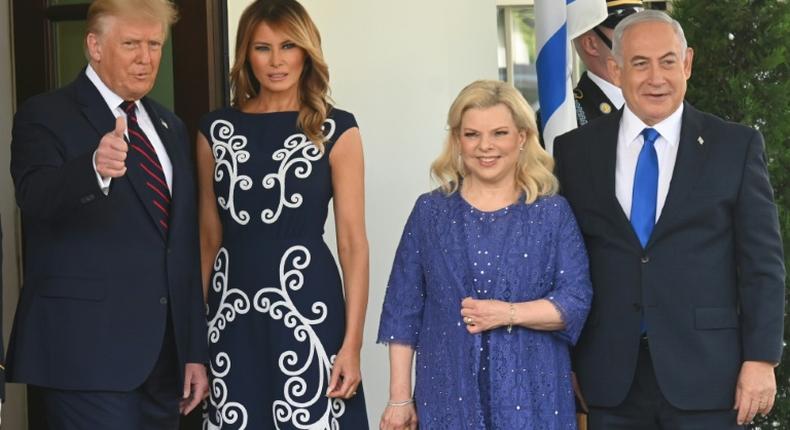 US President Donald Trump and First Lady Melania Trump welcome Israeli Prime Minister Benjamin Netanyahu and his wife Sara to the White House on September 15, 2020