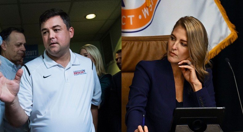 Florida GOP Chairman Christian Ziegler has been accused of rape by a woman who was involved in a three-way sexual encounter with Ziegler and his wife, Bridget Ziegler, the co-founder of Moms for Liberty.Tom Williams/CQ Roll Call and Joshua Lott/The Washington Post via Getty Images