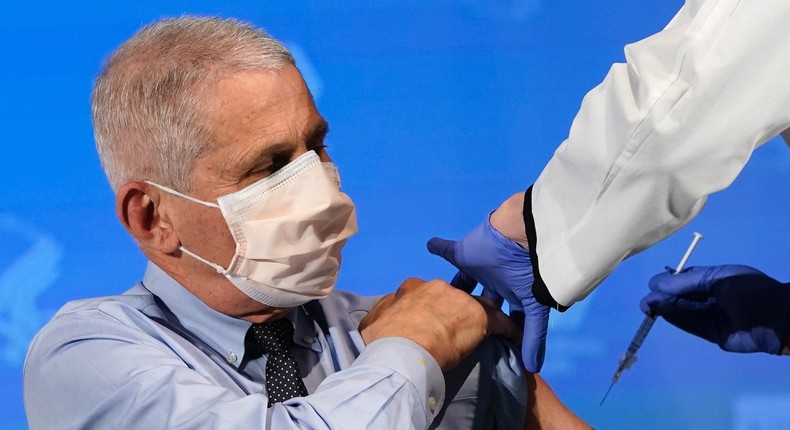 Dr. Anthony Fauci, director of the National Institute of Allergy and Infectious Diseases, prepares to receive his first dose of a COVID-19 vaccine at the National Institutes of Health on December 22, 2020 in Bethesda, Maryland.