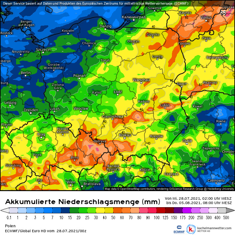 Prognozowana suma opadów w Polsce na najbliższe 8 dni