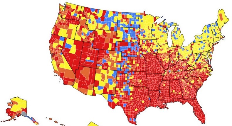 People in orange and red-colored counties should wear masks indoors in public, the CDC said Tuesday.
