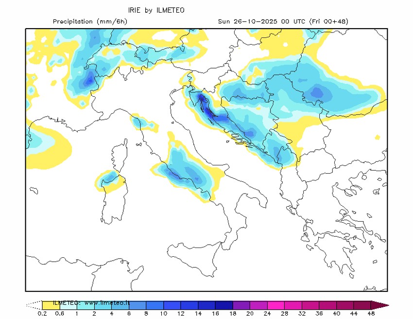 Mapa padavina za 26. oktobar u ponoć