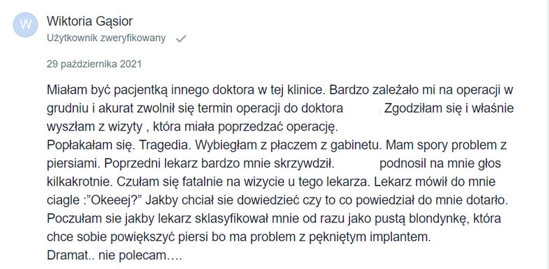 Opinia Wiktorii Gąsior o lekarzu