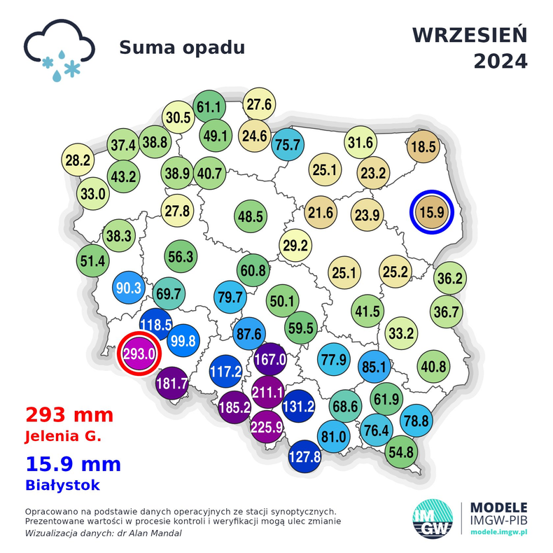 Suma opadów w Polsce we wrześniu. Widoczne są ogromne rozbieżności między Śląskiem a Podlasiem