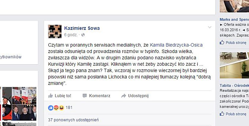 Wpis księdza Kazimierza Sowy na facebooku