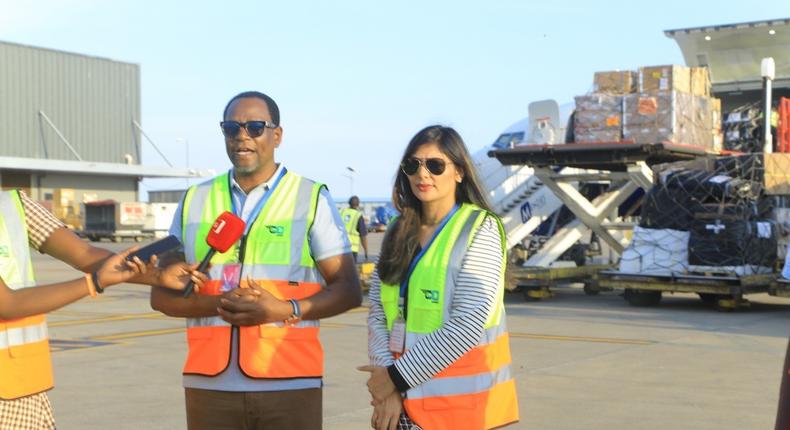 Elvis Ssekyanzi, the Executive Director of GM Tumpeco and Jyoti Puri, General Manager of ABC Limited addressing the press at Entebbe Airport