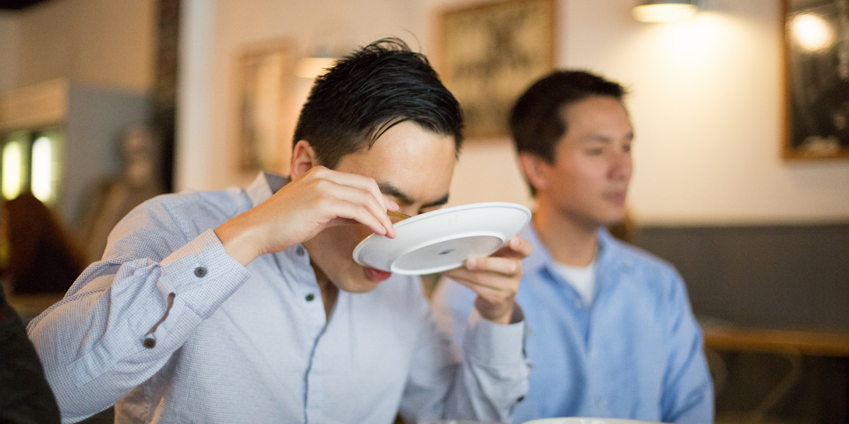 Geoffrey Woo, cofounder and CEO of Nootrobox, breaks fast at a WeFast breakfast in San Francisco.