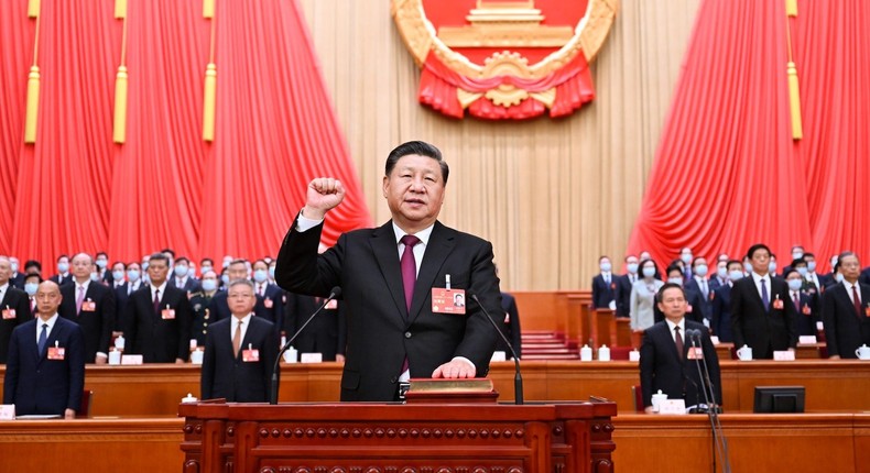 Xi Jinping makes a public pledge of allegiance to the Constitution at the Great Hall of the People in Beijing on March 10, 2023.Xie Huanchi/Xinhua via Getty Images