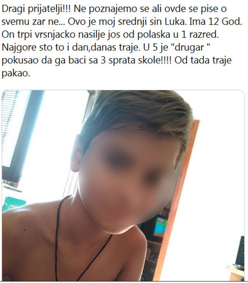 Ivana je na svom Tviter profilu objavila potresnu poruku kako njenog dvanaestogodišnjeg sina maltretiraju vršnjaci