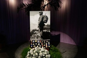 A photograph of Cuba's late President Fidel Castro stands in tribute to him in Havana