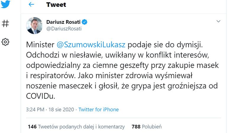Dariusz Rosati o dymisji ministra Szumowskiego