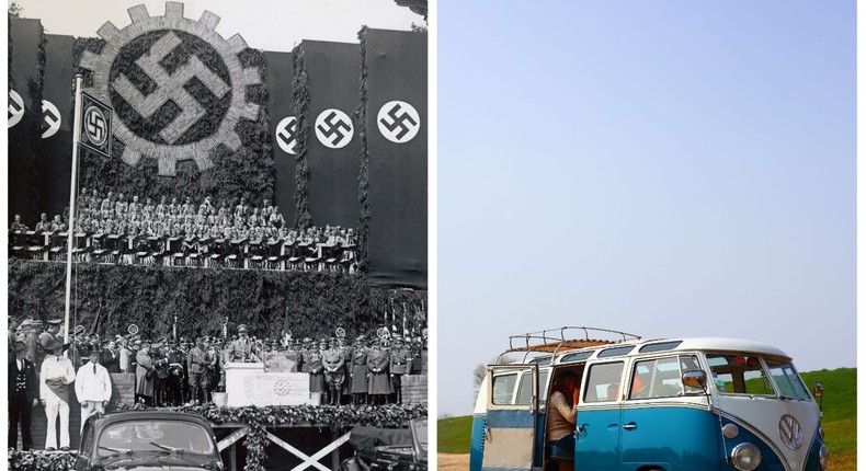 Adolf Hitler lays the foundation stone for the Volkswagen factory in Fallersleben in 1938 (left) / Blue and white Volkswagen Transporter (right).Hulton Archive (left), Andia/Universal Images Group via Getty Images (right)