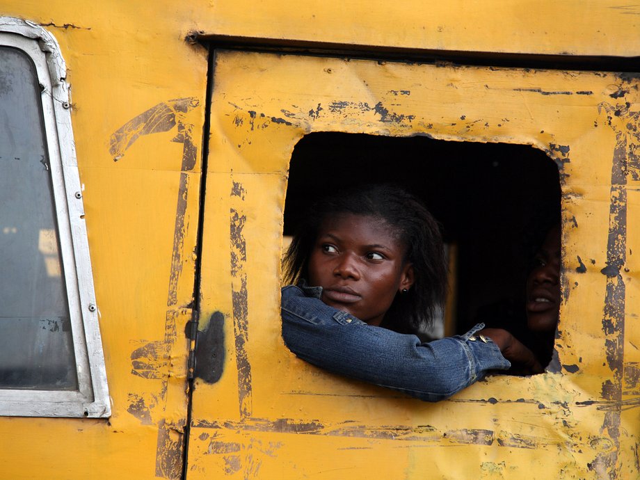 Commuters on a public bus in Lagos, Nigeria.