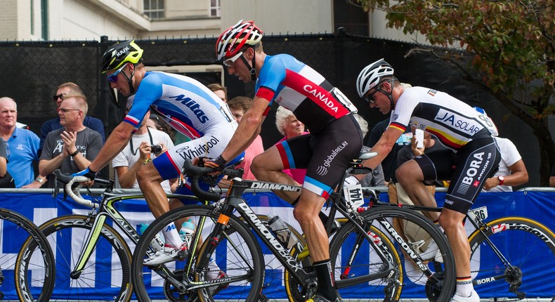 Former track star Michael Woods, of Ottawa, Ontario, at the 2015 UCI Road World Championships in Richmond, Virginia.