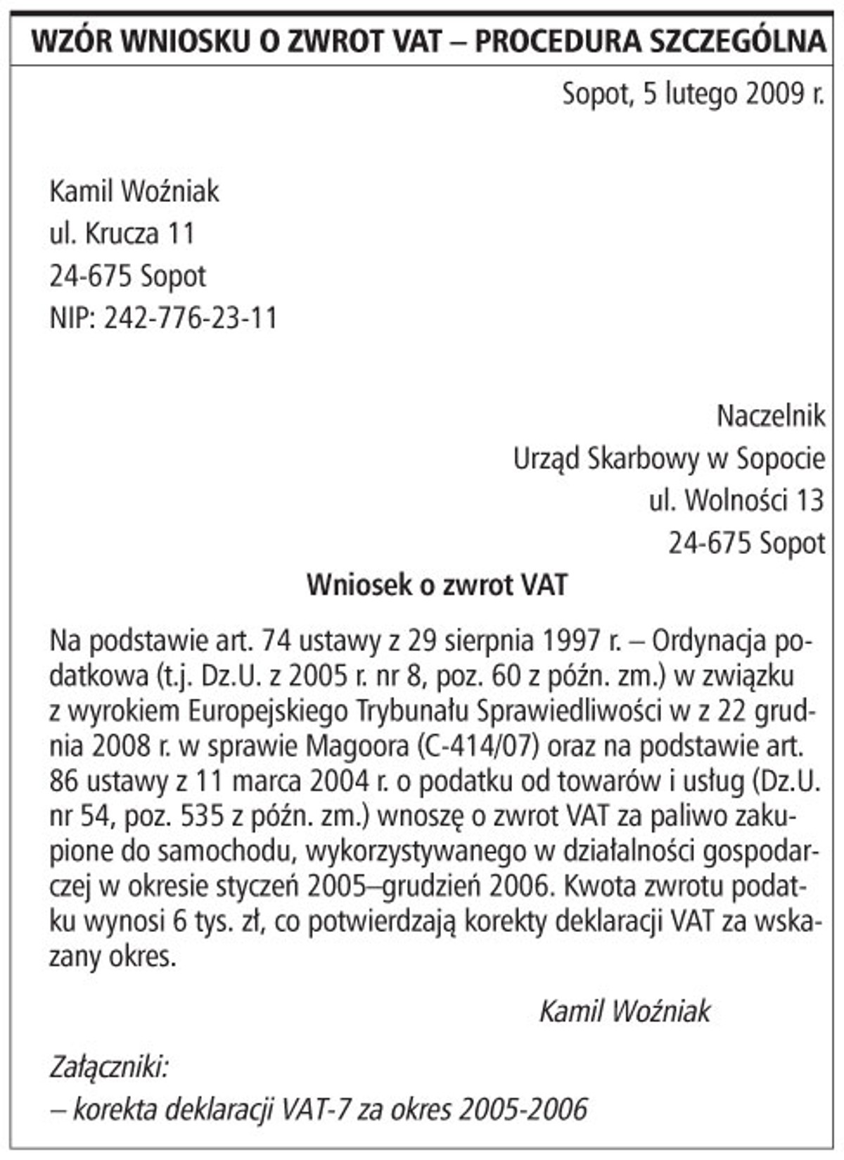 Wzór wniosku o zwrot VAT - procedura szczególna