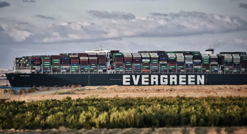 The Ever Given container ship, operated by the Evergreen Marine Corporation, sailing through the Suez Canal.
