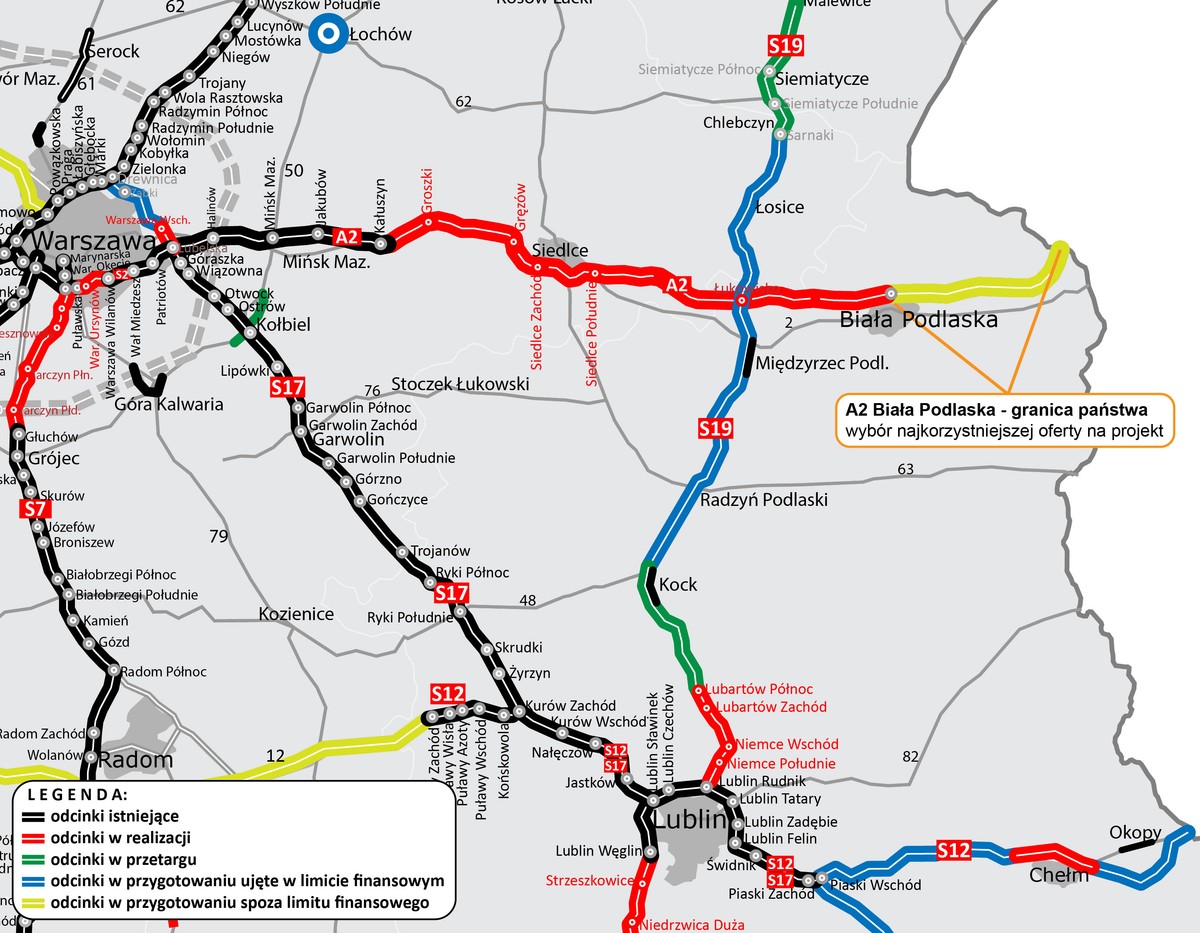 Autostrada A2 - stan prac na wschodnich odcinkach trasy. Źródło: GDDKiA