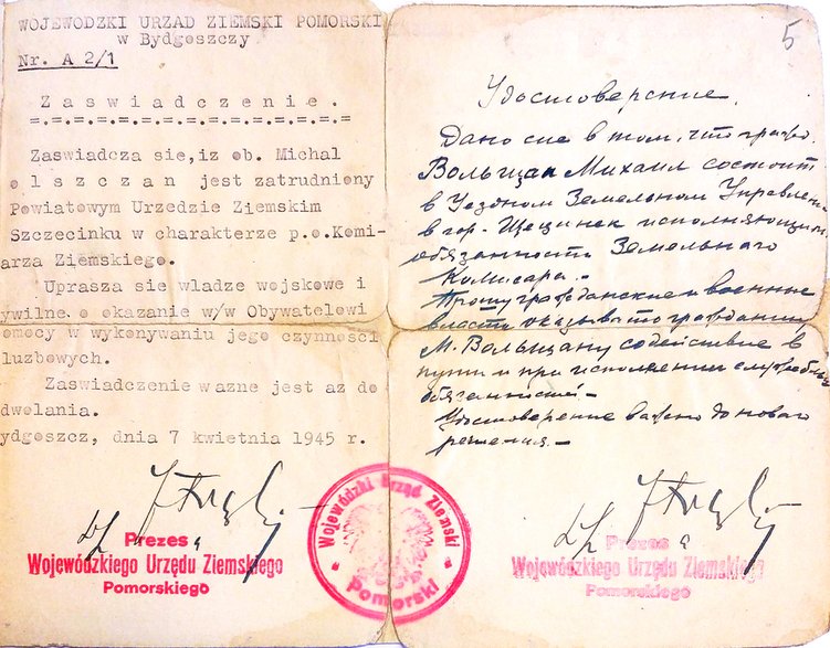 Pismo Wojewódzkiego Urzędu Ziemskiego Pomorskiego w Bydgoszczy z 7 kwietnia 1945 r. o powołaniu na stanowisko komisarza ziemskiego w Szczecinku Michała Wolszczana.