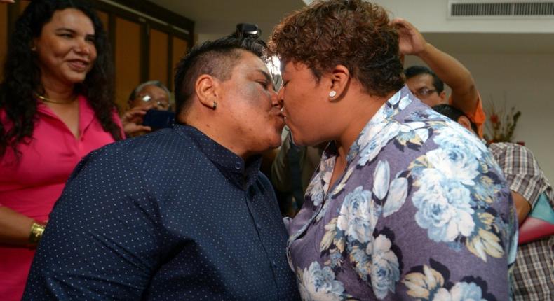 Alexandra Chavez (left) and Michelle Aviles have become the first same-sex couple to get married in Ecuador