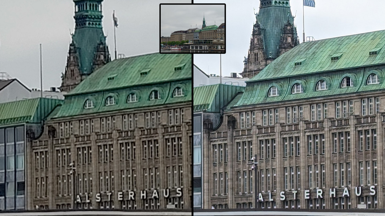 Porównanie zoomu cyfrowego poniżej powiększenia optycznego Xperii 1 V. Obraz po lewej stronie pochodzi z Xperii 1 V, a po prawej z Google Pixel 7 Pro