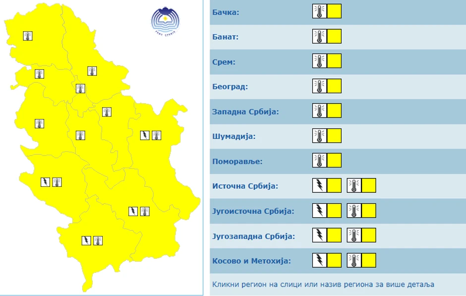 I u sredu,10 juna cela Srbija u žutom zbog visokih temperatura i grmljavina
