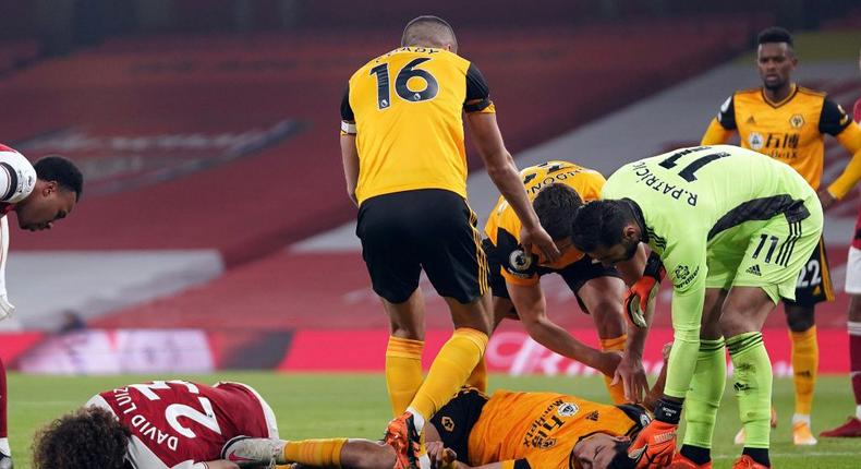 Sickening injury - Wolves striker Raul Jimenez fractured his skull against Arsenal in November 2020 Creator: John Walton