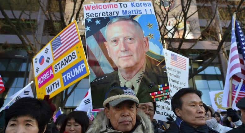 South Korean Christians supporting US President Donald Trump rally to welcome US Defense Secretary James Mattis in Seoul on February 2, 2017