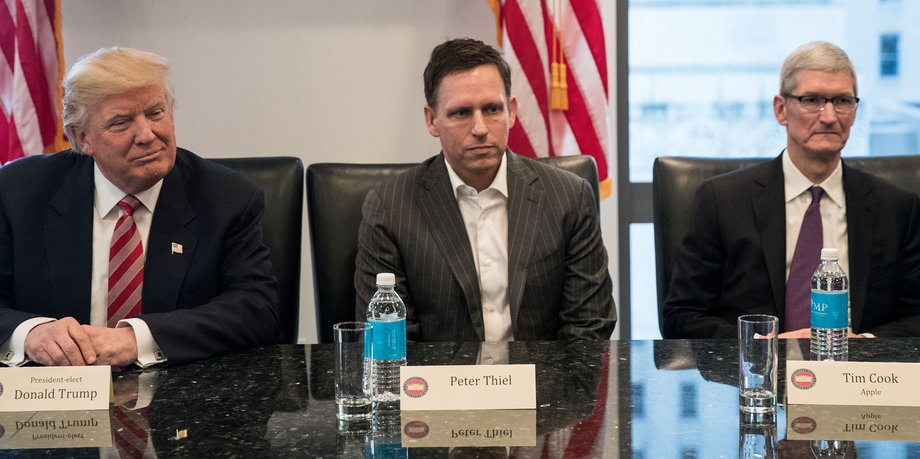 From left to right: Donald Trump, Peter Thiel, and Apple CEO Tim Cook at Wednesday's tech summit in New York.