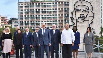 Russian Foreign Minister Sergei Lavrov attends a wreath-laying ceremony at Jose Marti Monument in Havana, Cuba, February 19, 2024.ACN/Handout/Reuters