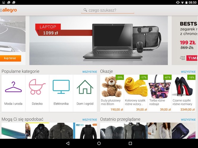 <strong>Allegro</strong><br /><br />

Zakupy na Allegro za pośrednictwem smartfona? Tylko przez aplikację. Aukcje internetowe, licytacje i zakupy w jednej aplikacji. Wyszukaj, kup i zapłać za przedmiot z poziomu Twojego telefonu lub tabletu. Możesz zapłacić przelewem bankowym online lub kartą płatniczą online.
Dwa tryby wyglądu - jeden przeznaczony specjalnie dla użytkowników tabletu, a drugi przeznaczony dla użytkowników smartfona.<br /><br />

Powiadomienia – o zdarzeniach w serwisie: wygranych, przegranych aukcjach, przebiciu oferty i innych.<br /><br />

Dostęp do Okazji Allegro - na ekranie głównym.<br /><br />

Podgląd - na przedmioty obserwowane, licytowane, ostatnio przeglądane lub kupione na ekranie głównym.<br /><br />