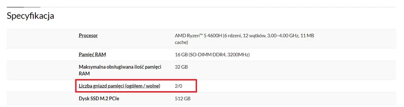 Opis laptopa na stronie sklepu internetowego informuje o licznie gniazd SO-DIMM obecnych/zajętych w laptopie.