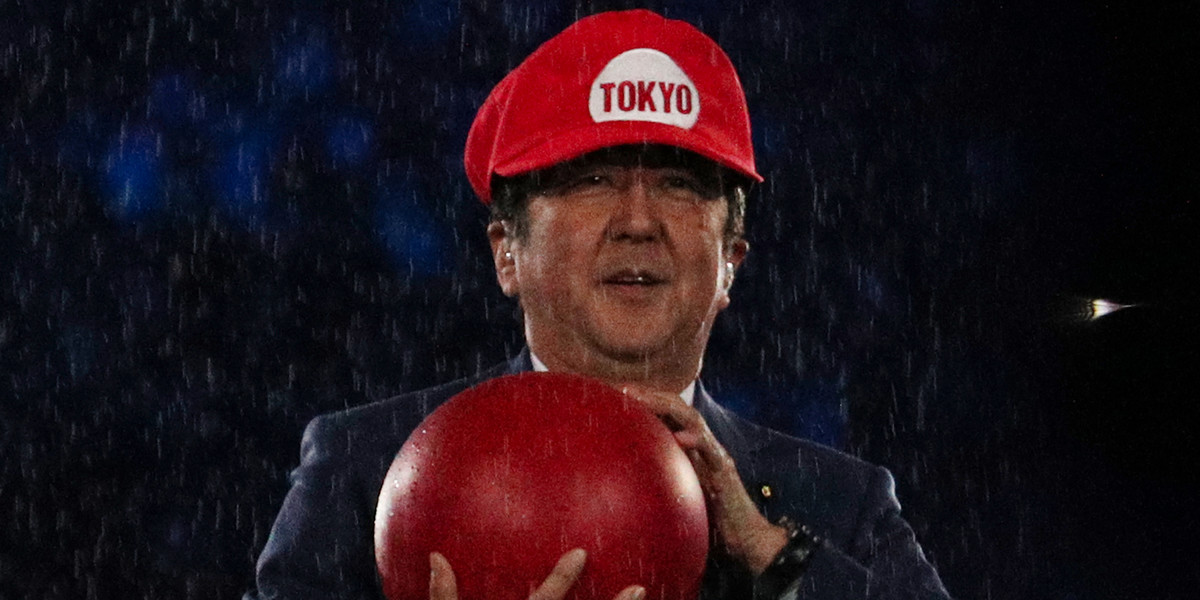 Japanese Prime Minister Shinzo Abe onstage at the 2016 Rio Olympics' closing ceremony.