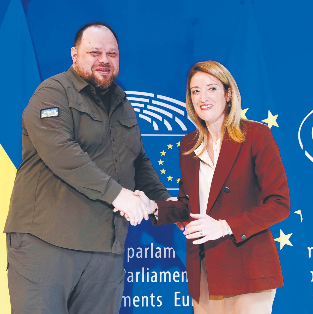 Szefowa Parlamentu Europejskiego Roberta Metsola z przewodniczącym Rady Najwyższej Ukrainy Rusłanem Stefanczukiem. Strasburg, czerwiec 2022 r.