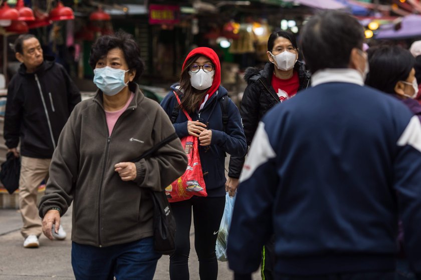 Hong Kong Chief Executive Carrie Lam wears a mask, following the outbreak of a new coronavirus, duri