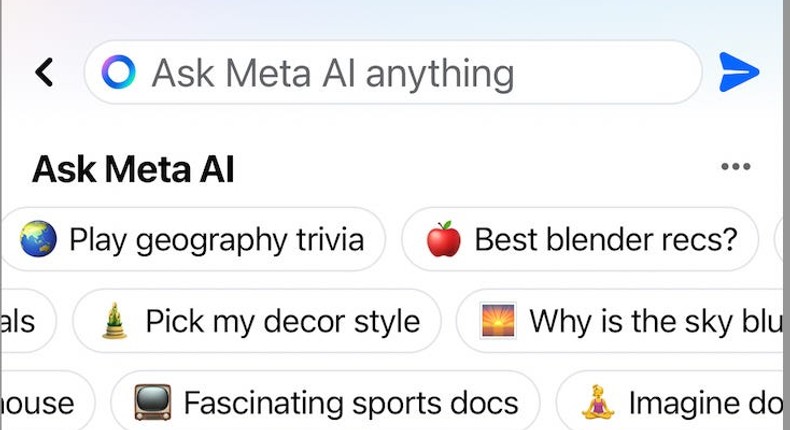 The search bar on the Facebook app now has AI prompts.Business Insider