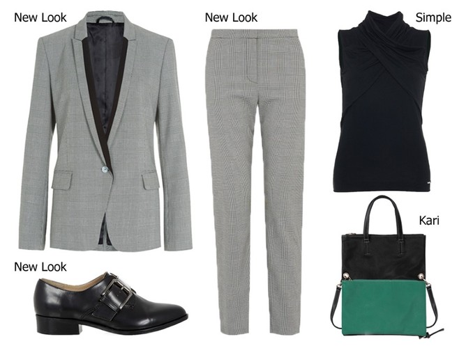 Marynarka New Look:  149,90 pln Spodnie New Look:  99,90 pln Golf Simple:  239,90 pln Buty New Look:  109,90 pln Torebka Kari: 99,00 pln