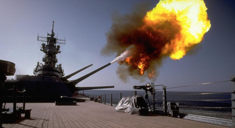 The battleship USS Wisconsin fires one of its Mark 7 16-inch guns at an Iraqi shore target during 1991's Operation Desert Storm.CORBIS/Corbis via Getty Images
